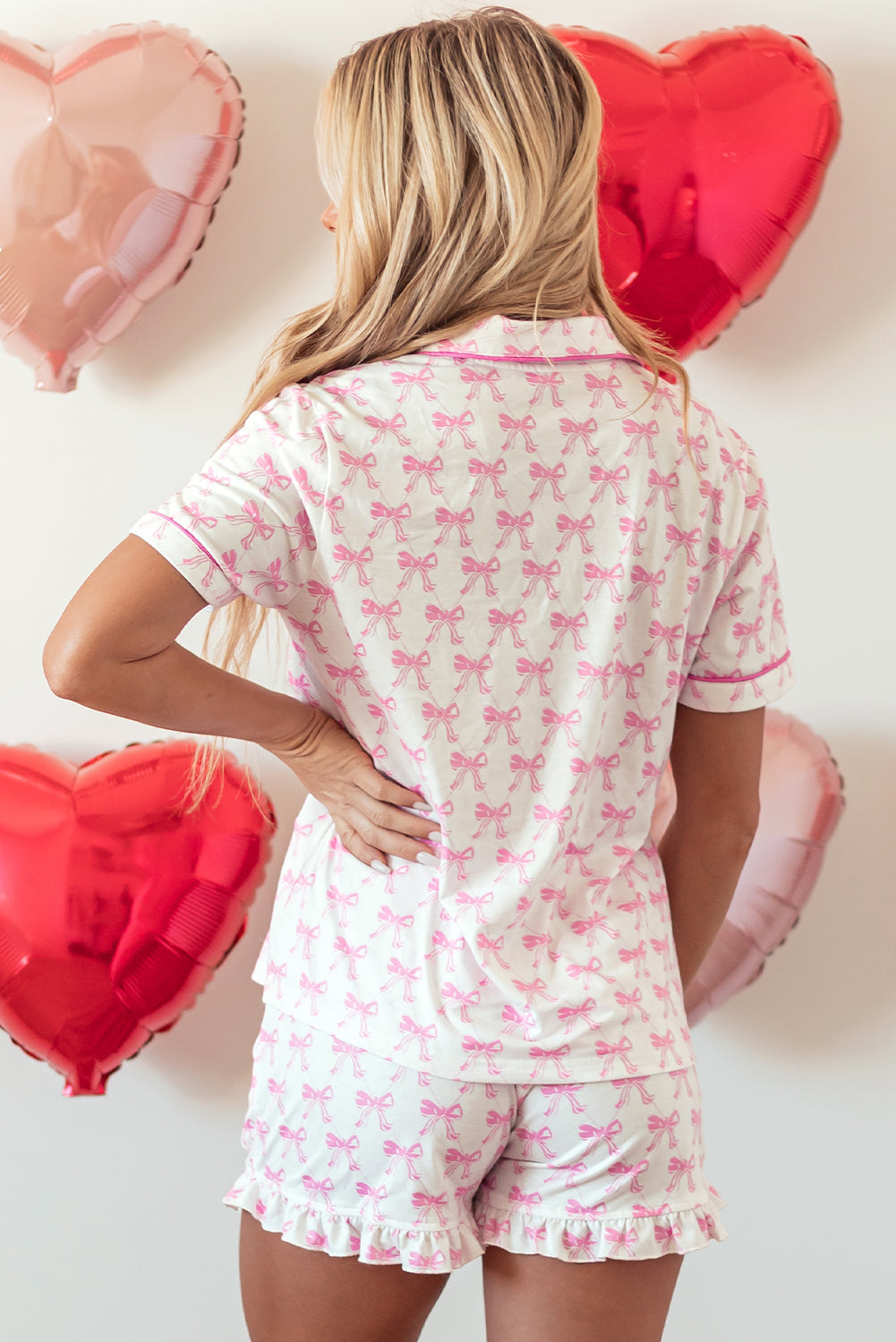 Bow Short Sleeve and Ruffled Shorts Pajama Set-1