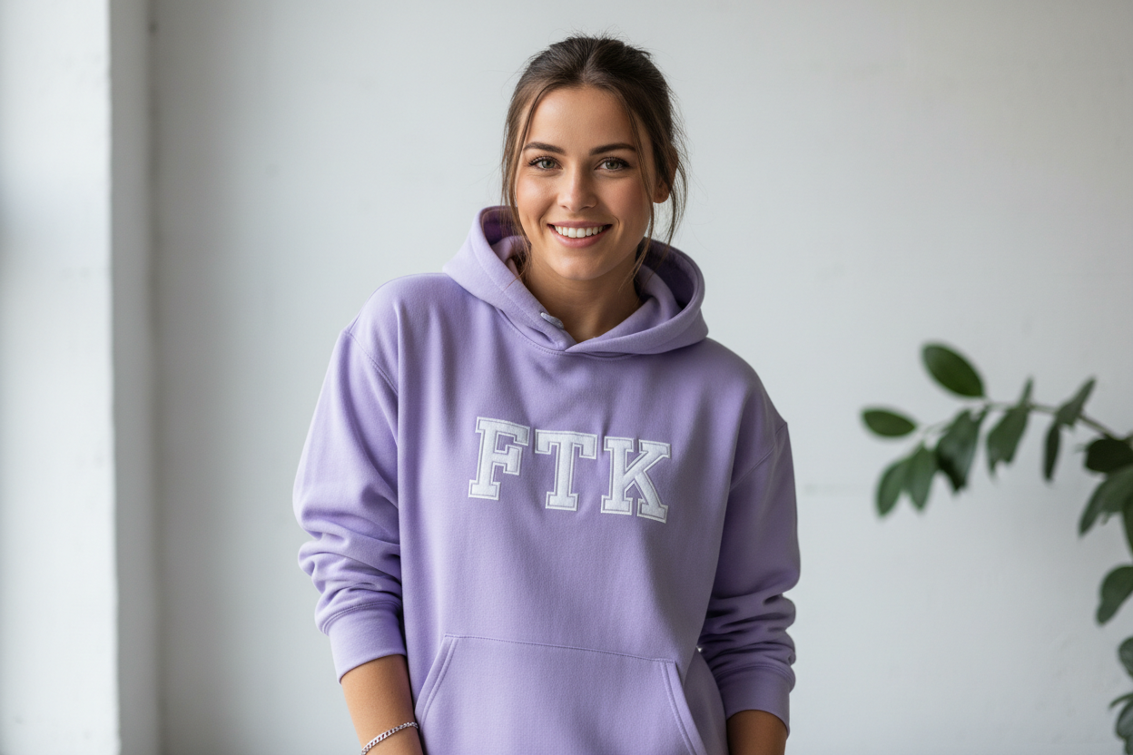 Beautiful woman. Wearing FTK hoodie. Light purple. Smiling.
