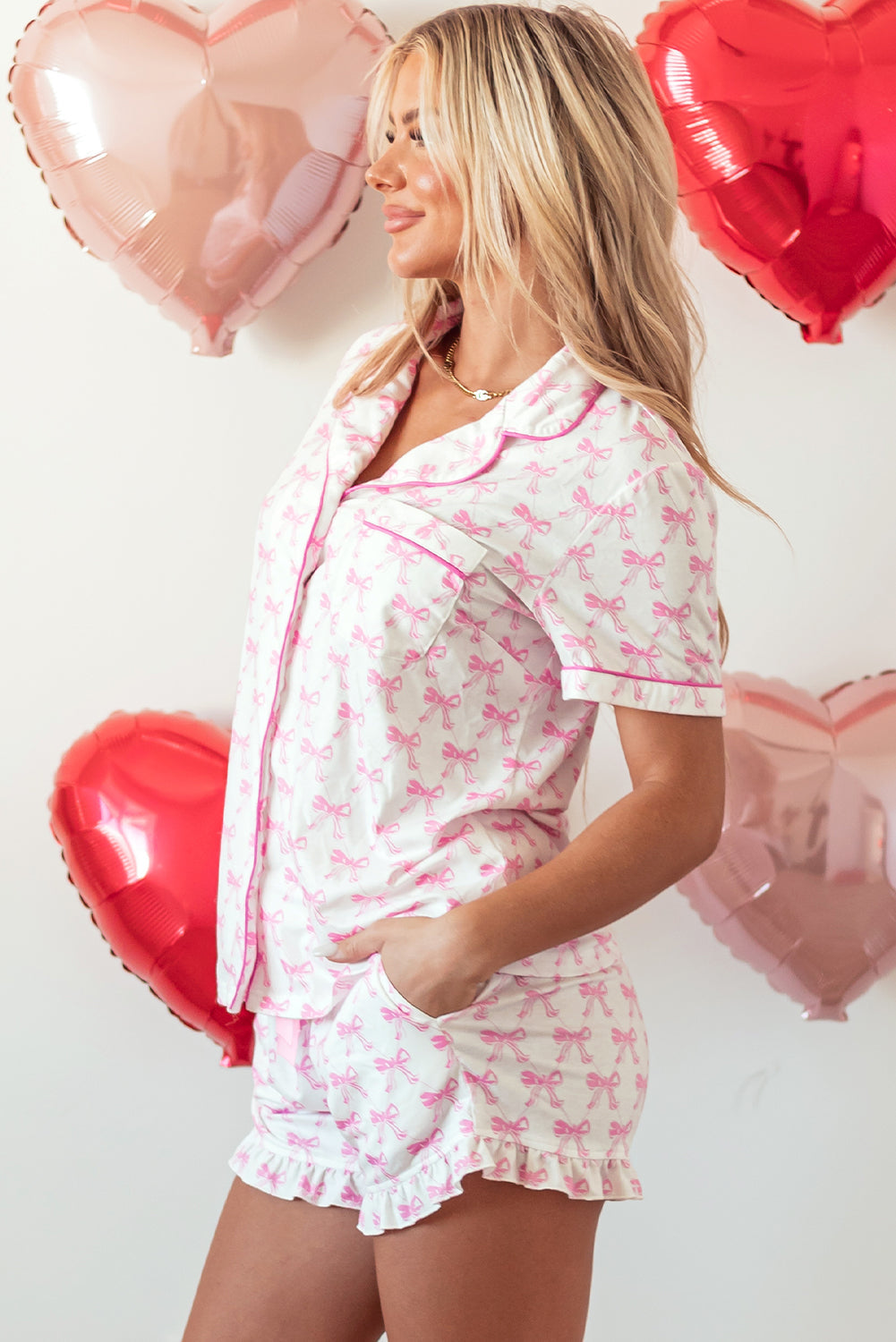Bow Short Sleeve and Ruffled Shorts Pajama Set-2